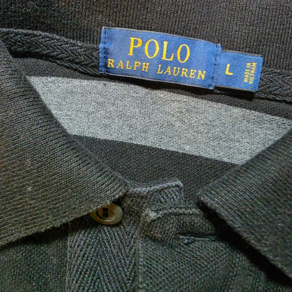 Polo Ralph Lauren Mens L Rugby Polo Shirt Black Grey Striped Rubber Buttons